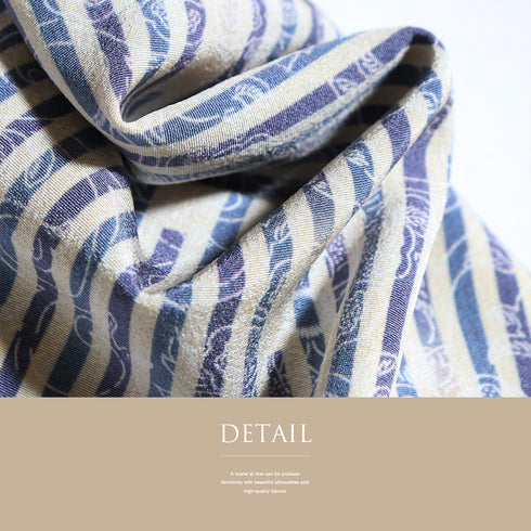 訪問着 リサイクル 身丈161.8cm 裄65.6cm 袷 ゆったりサイズ 花唐草模様 デザイン縞模様 ブルー Lサイズ お洒落 正絹 広衿 Sランク