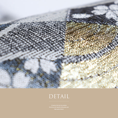 袋帯 リサイクル 帯丈438cm 六通 デザイン格子に桜柄 パールトーン加工 グレー Mサイズ 正絹 新品・未使用品 セミフォーマル お洒落