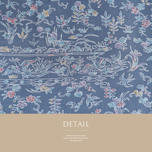 紬 リサイクル 身丈162cm 裄64cm 袷 染め紬 花と鳥柄 ブルー Lサイズ カジュアル お洒落 正絹 広衿 Sランク