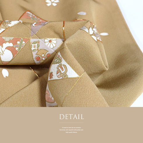 訪問着 身丈161.5cm 裄64.4cm 袷 うろこに宝尽くし柄 金駒刺繍 箔 パールトーン加工 ブラウン Lサイズ セミフォーマル しつけ糸 正絹 広衿 Sランク