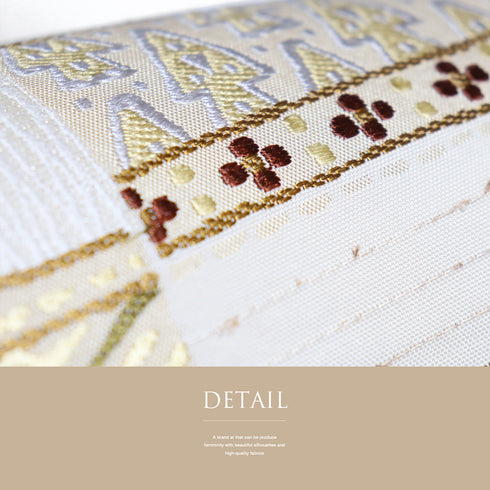 袋帯 リサイクル 帯丈436cm 六通 横段柄 横段違い棚 刺繍 ベージュ Mサイズ 正絹 Sランク お洒落