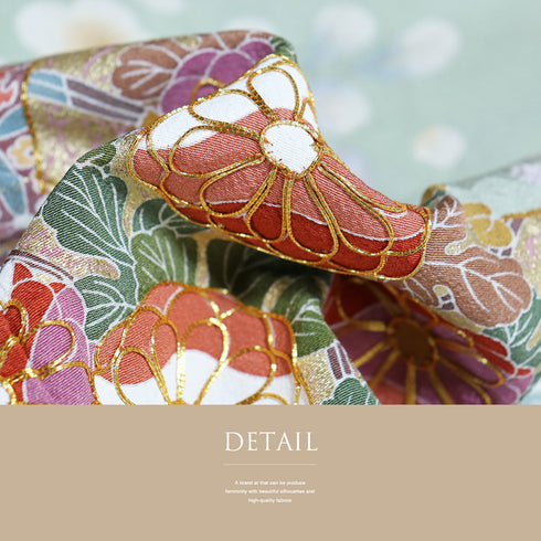 訪問着 リサイクル 身丈164.2cm 裄66.4cm 袷 霞に菊やたちばな柄 金駒刺繍 後絞り加工 箔 グリーン Lサイズ セミフォーマル お洒落 正絹 広衿 Sランク