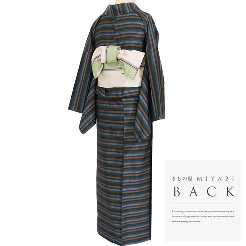 大島紬 リサイクル アンサンブル 2点セット 袷 証紙 Lサイズ Aランク ボーダー柄 カジュアル 道行コート丈89.5cm 身丈161.5cm 裄64.8cm 正絹 着物 AN-56