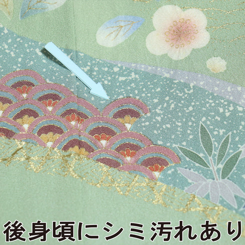 訪問着 リサイクル 身丈164.2cm 裄66.4cm 袷 霞に菊やたちばな柄 金駒刺繍 後絞り加工 箔 グリーン Lサイズ セミフォーマル お洒落 正絹 広衿 Sランク