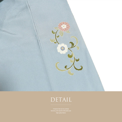 色留袖 リサイクル 身丈163cm 裄64.4cm 袷 華紋柄 箔 比翼無し ブルー Lサイズ 落款 一つ紋 正絹 広衿 Sランク