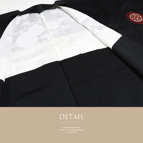 黒羽織 リサイクル 身丈79cm 裄65cm 袷 黒絵羽 相良刺繍 ブラック Mサイズ フォーマル 一つ紋 しつけ糸 正絹 Sランク