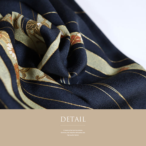 訪問着 リサイクル 身丈168cm 裄62.4cm 袷 デザイン線に熨斗柄 箔 ネイビー LLサイズ セミフォーマル お洒落 一つ紋 正絹 広衿 Sランク