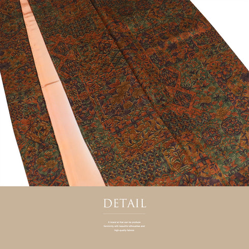 小紋 リサイクル 身丈160.5cm 裄64.4cm 袷 切嵌更紗柄 地紋 ブラウン Lサイズ お洒落 カジュアル 正絹 広衿 Sランク