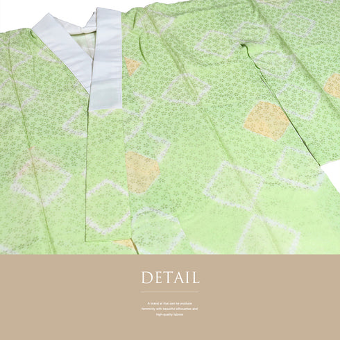 長襦袢 リサイクル 長襦袢 身丈130cm 裄66.4cm 袷 桜地紋に菱形模様 絞り グリーン Mサイズ お洒落 正絹 Sランク