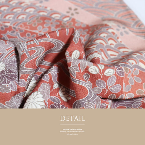 小紋 リサイクル 身丈159.6cm 裄64.4cm 袷 風景に松や菊柄 総柄 ゆったりサイズ ピンク Mサイズ お洒落 正絹 広衿 Sランク