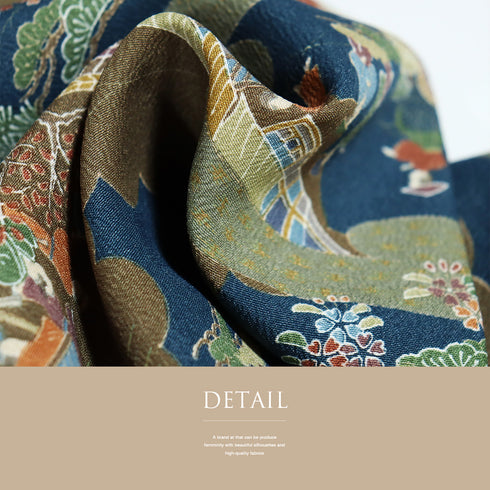 小紋 リサイクル 身丈163cm 裄64.4cm 袷 風景模様 ネイビー Lサイズ お洒落 カジュアル ポリエステル 洗える着物 広衿 Sランク