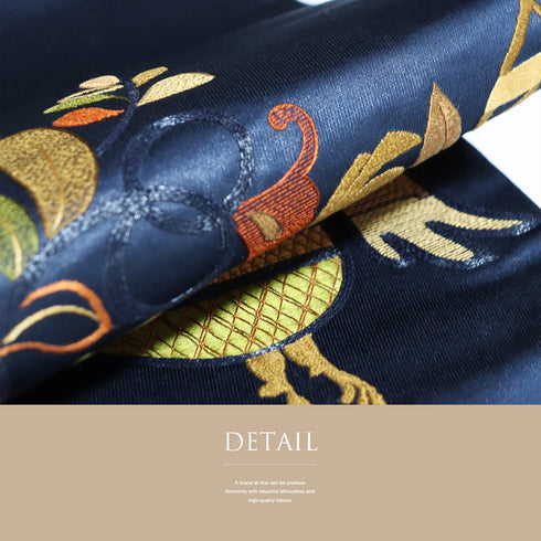 袋帯 リサイクル 帯丈424cm ポイント柄 花や鳥柄 刺繍 ネイビー Sサイズ 正絹 新品・未使用品 お洒落