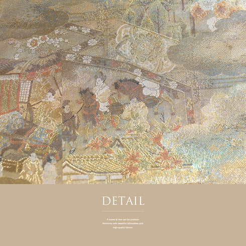 袋帯 リサイクル 帯丈444cm 全通 京雅宮中絵巻 本金箔全通丸帯 はぎれに落款 ゴールド Mサイズ 正絹 Sランク フォーマル