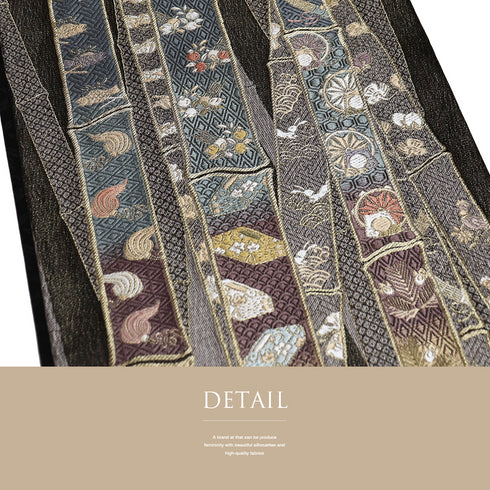 袋帯 リサイクル 帯丈436cm 全通 竹に吉祥文様 ブラック Mサイズ 正絹 Sランク お洒落