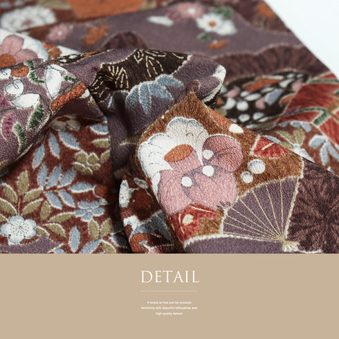 小紋 リサイクル 身丈165cm 裄67.5cm 袷 雲取り扇面に辻が花模様 パープル Lサイズ お洒落 カジュアル ポリエステル 洗える着物 広衿 Sランク