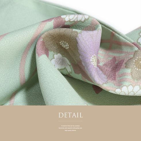 小紋 リサイクル 身丈163.5cm 裄66cm 袷 既製品 菊柄 グリーン Lサイズ お洒落 カジュアル ポリエステル 洗える着物 広衿 Aランク