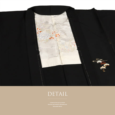 黒羽織 リサイクル 身丈81.2cm 裄67.2cm 袷 黒絵羽 祇園祭柄 ブラック Lサイズ フォーマル しつけ糸 正絹 Sランク