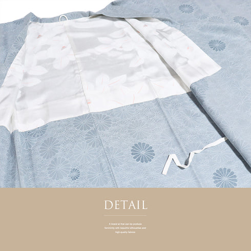 道行コート リサイクル 身丈92.5cm 裄66.4cm 袷 部分ビロード 菊尽くし柄 地紋 ブルー Mサイズ お洒落 不明 Sランク