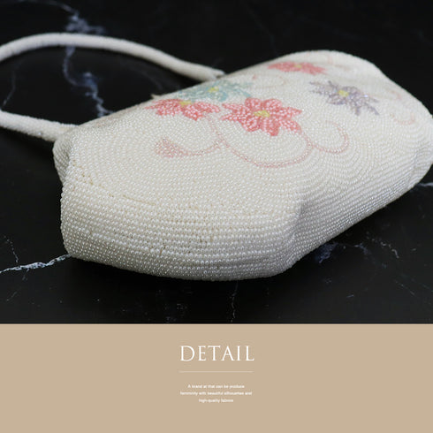 バッグ リサイクル カジュアル ホワイト ビーズ Bランク 花柄 横幅20.5cm 高さ12cm マチ4.5cm