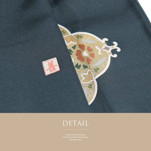 色留袖 リサイクル 身丈163cm 裄66.6cm 袷 華文に唐花柄 箔 金駒刺繍 ネイビー Lサイズ セミフォーマル 落款 一つ紋 正絹 広衿 Sランク