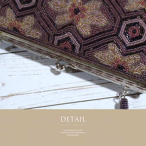 ビーズバック アンティーク パープル地 花柄 お洒落 カジュアル 横幅19cm 高さ13cm マチ5cm Aランク 和装小物 ET-391