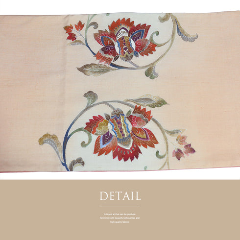 袋帯 リサイクル 帯丈446cm ポイント柄 唐花模様 刺繍染め 結城紬 ピンク Mサイズ 正絹 Sランク お洒落