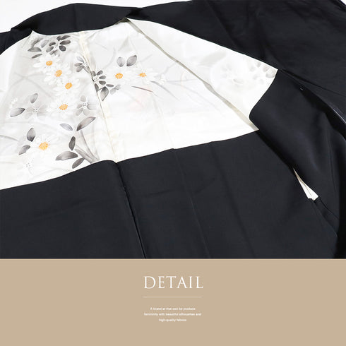 黒羽織 リサイクル 身丈80cm 裄65.4cm 袷 黒絵羽 巻物や組紐柄 刺繍 ブラック Mサイズ フォーマル 一つ紋 しつけ糸 正絹 Sランク