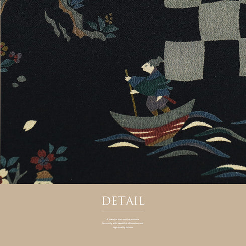 名古屋帯 リサイクル 帯丈371cm 全通 昔話柄 ちりめん ブラック Mサイズ 正絹 未使用品 お洒落 カジュアル