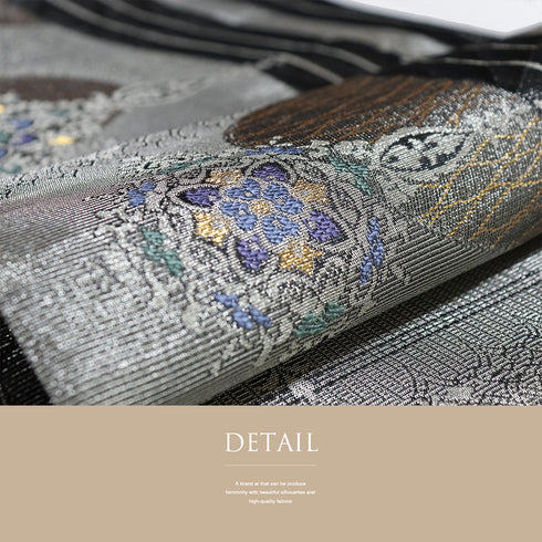 袋帯 リサイクル 帯丈440cm 六通 華紋 波線 シルバー Mサイズ 不明 Sランク お洒落