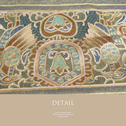 袋帯 リサイクル 帯丈468cm ポイント柄 汕頭 壁画柄 オリエンタル柄 ゴールド LLサイズ 正絹 Sランク お洒落