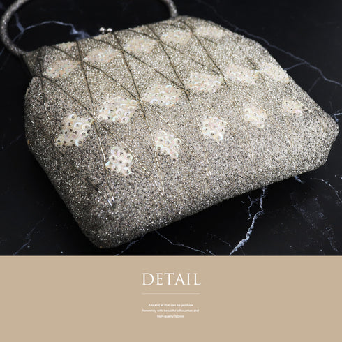 バッグ リサイクル お洒落 シルバー ビーズ Aランク 幾何学模様 横幅19cm 高さ19cm マチ6cm