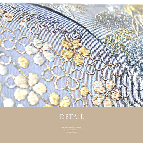 袋帯 リサイクル 帯丈440cm 六通 梅や笹柄 寿松色紙文 シルバー Mサイズ 正絹 新品・未使用品 フォーマル お洒落