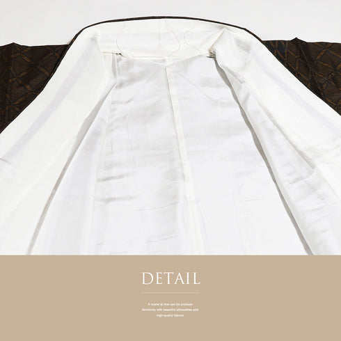 紬 リサイクル 身丈164.5cm 裄64.8cm 袷 デザイン綱模様 ブラック Lサイズ お洒落 証紙 正絹 広衿 Aランク