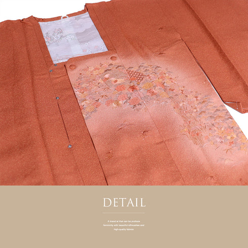 道行コート リサイクル 身丈83.5cm 裄64.6cm 袷 絵羽柄 刺繍 地紙に花柄 オレンジ Mサイズ お洒落 しつけ糸 正絹 Sランク