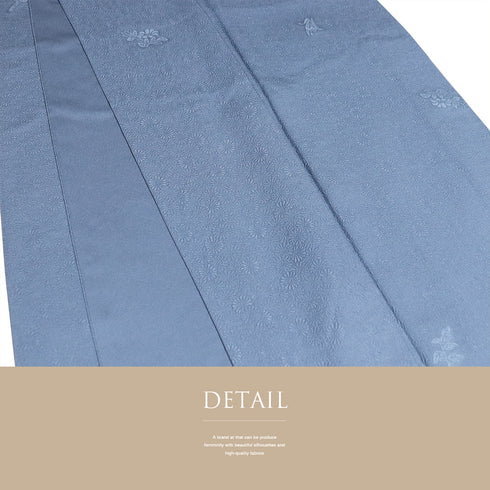 色無地 リサイクル 身丈158.2cm 裄66.4cm 袷 菊にあやめ模様 ブルー Mサイズ セミフォーマル 一つ紋 しつけ糸 正絹 広衿 地紋あり Sランク