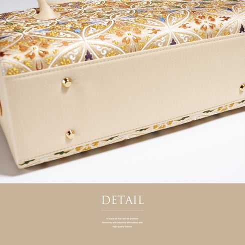 バッグ お洒落 ベージュ 正絹 未使用品 利休バッグ 西陣織 七宝華文柄 巾着付き