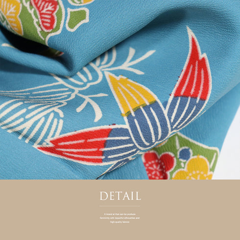 小紋 リサイクル 身丈161cm 裄64.6cm 袷 青海波に花柄 笹柄 ブルー Lサイズ カジュアル お洒落 不明 広衿 Bランク