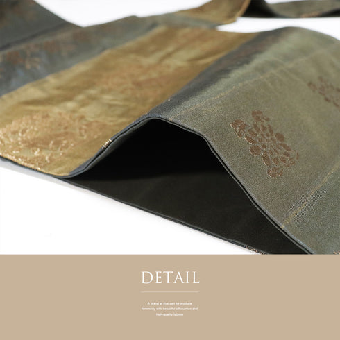 名古屋帯 リサイクル 帯丈350.5cm 六通 横段に名物裂織り出し模様 ブラウン Sサイズ 正絹 Sランク お洒落