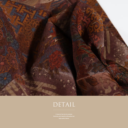 小紋 リサイクル 身丈160.2cm 裄67cm 袷 石畳に花や鳥柄 ブラウン Mサイズ お洒落 カジュアル 正絹 広衿 Aランク