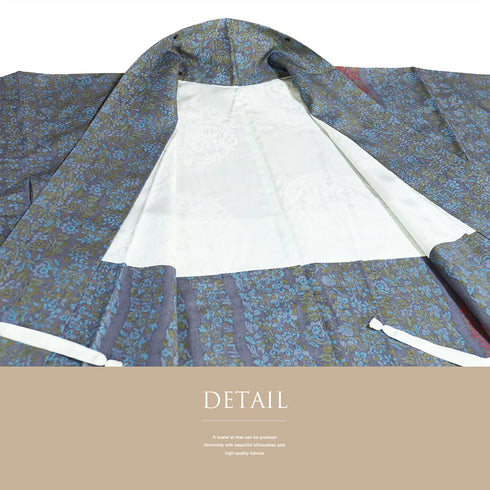 道中着 リサイクル 身丈83.8cm 裄65.2cm 袷 デザイン縞模様 草花柄 ブルー Mサイズ カジュアル 正絹 Sランク