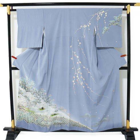 訪問着 リサイクル 身丈154.7cm 裄64cm 袷 方丈の梅に若松柄 山下志泉 ブルー Sサイズ セミフォーマル 正絹 広衿 Sランク