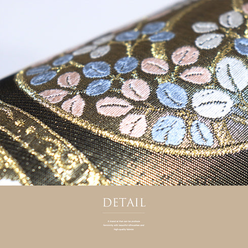 袋帯 リサイクル 帯丈426cm 六通 丸に花菱柄 梅や菊や牡丹柄 花柄 唐織割付文 ゴールド Sサイズ 正絹 未使用品 フォーマル セミフォーマル