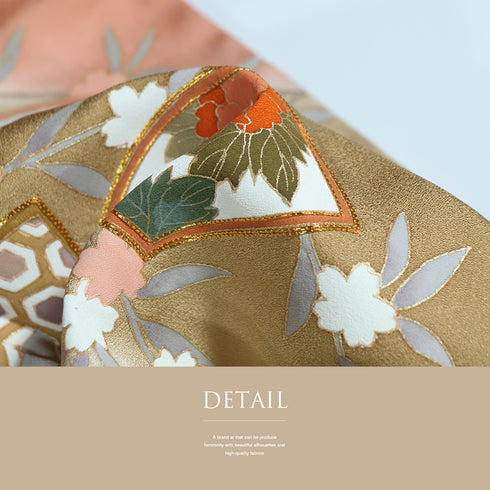訪問着 リサイクル 身丈160.2cm 裄63.6cm 袷 地紙に花柄 金駒刺繍 ピンク Mサイズ セミフォーマル お洒落 正絹 広衿 Aランク