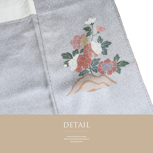 訪問着 リサイクル 身丈157.5cm 裄64.8cm 袷 道長取り 花柄 箔加工 ブルー Mサイズ セミフォーマル 正絹 広衿 Sランク