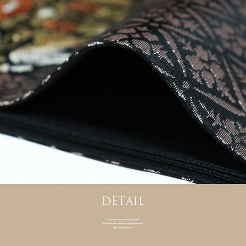 袋帯 リサイクル 帯丈436cm 六通 鴛鴦に鹿模様 ブラック Mサイズ 正絹 Sランク フォーマル