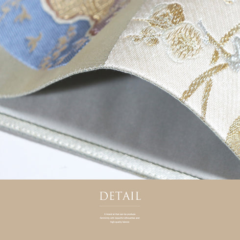 袋帯 リサイクル 帯丈436cm 六通 功琳彩宴 地紙に花柄 ブルー Mサイズ 正絹 新品・未使用品 フォーマル セミフォーマル