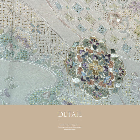 訪問着 リサイクル 身丈159.2cm 裄64.4cm 袷 華文柄 汕頭刺繍 グレー Mサイズ セミフォーマル お洒落 正絹 広衿 Sランク