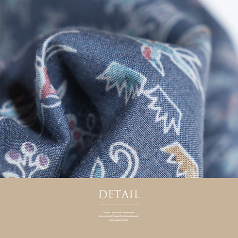 紬 リサイクル 身丈162cm 裄64cm 袷 染め紬 花と鳥柄 ブルー Lサイズ カジュアル お洒落 正絹 広衿 Sランク