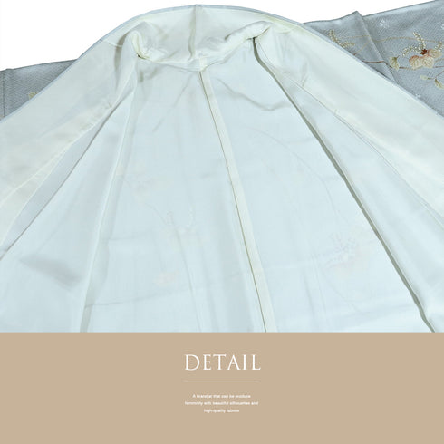 訪問着 リサイクル 身丈159.5cm 裄64.4cm 袷 桐柄 松竹梅柄 金駒刺繍 箔加工 グレー Mサイズ フォーマル セミフォーマル しつけ糸 正絹 広衿 Sランク