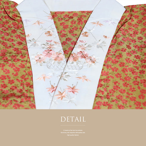 長襦袢 リサイクル 長襦袢 身丈132.7cm 裄66cm 袷 小花柄 地紋 刺繍衿 オレンジ Mサイズ 正絹 Sランク